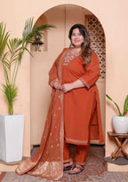 Miravan Women's Plus Size Orange Embroidered Straight Kurta with Palazzo and Dupatta set - Distacart