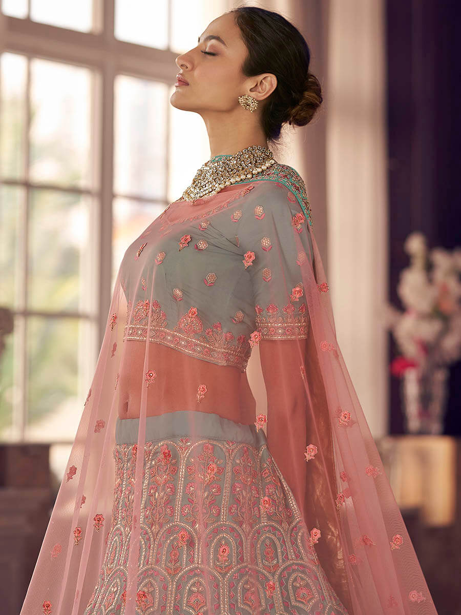 Myra Turquoise Organza Embroidered Designer Lehenga