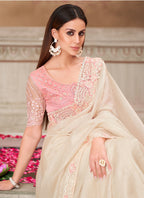 Vegaa Fashion Ivory Pink Embroidered Traditional Wedding Saree - Distacart