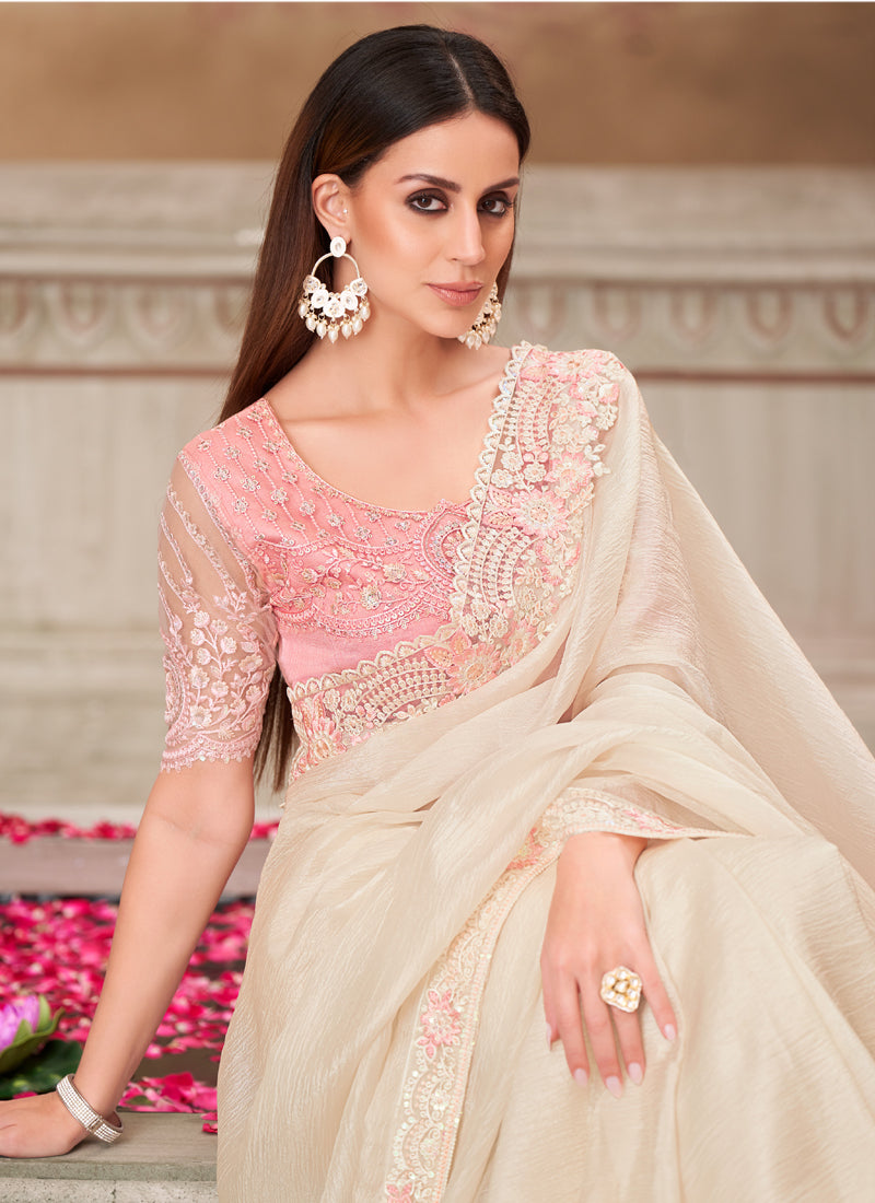 Vegaa Fashion Ivory Pink Embroidered Traditional Wedding Saree - Distacart