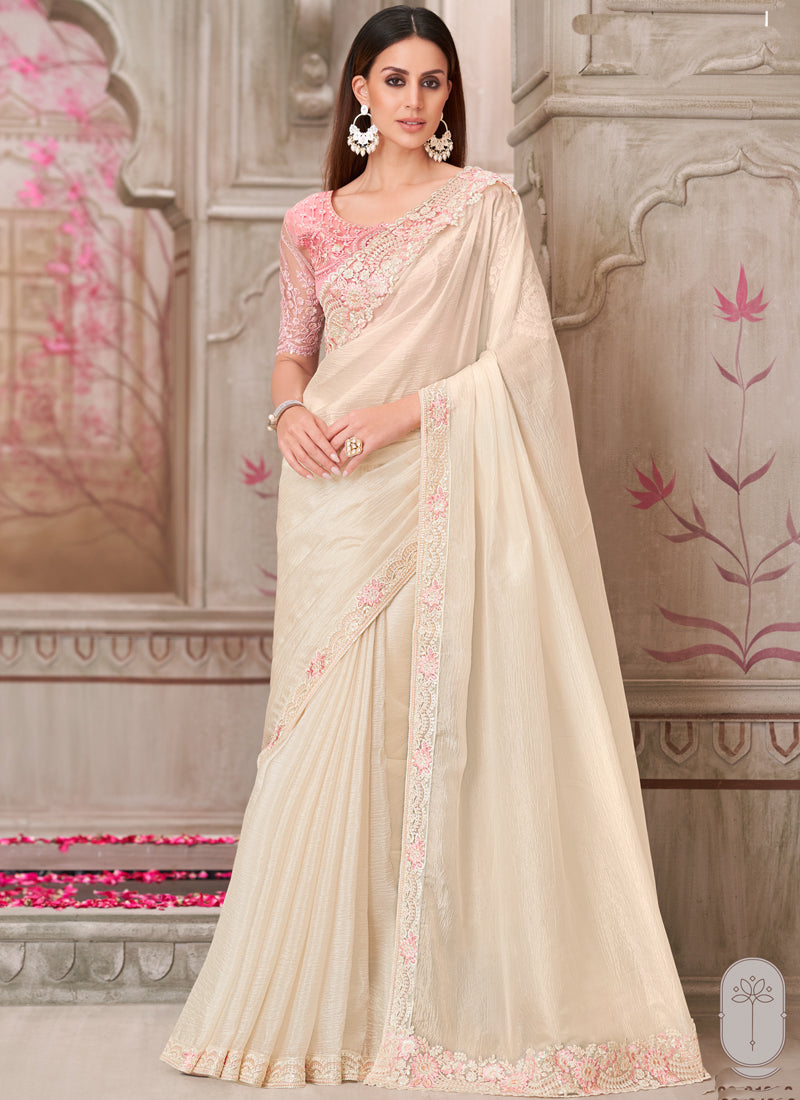 Vegaa Fashion Ivory Pink Embroidered Traditional Wedding Saree - Distacart