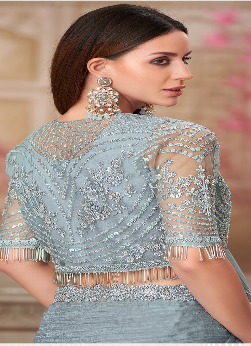 Vegaa Fashion Silver Grey Embroidered Traditional Wedding Saree - Distacart