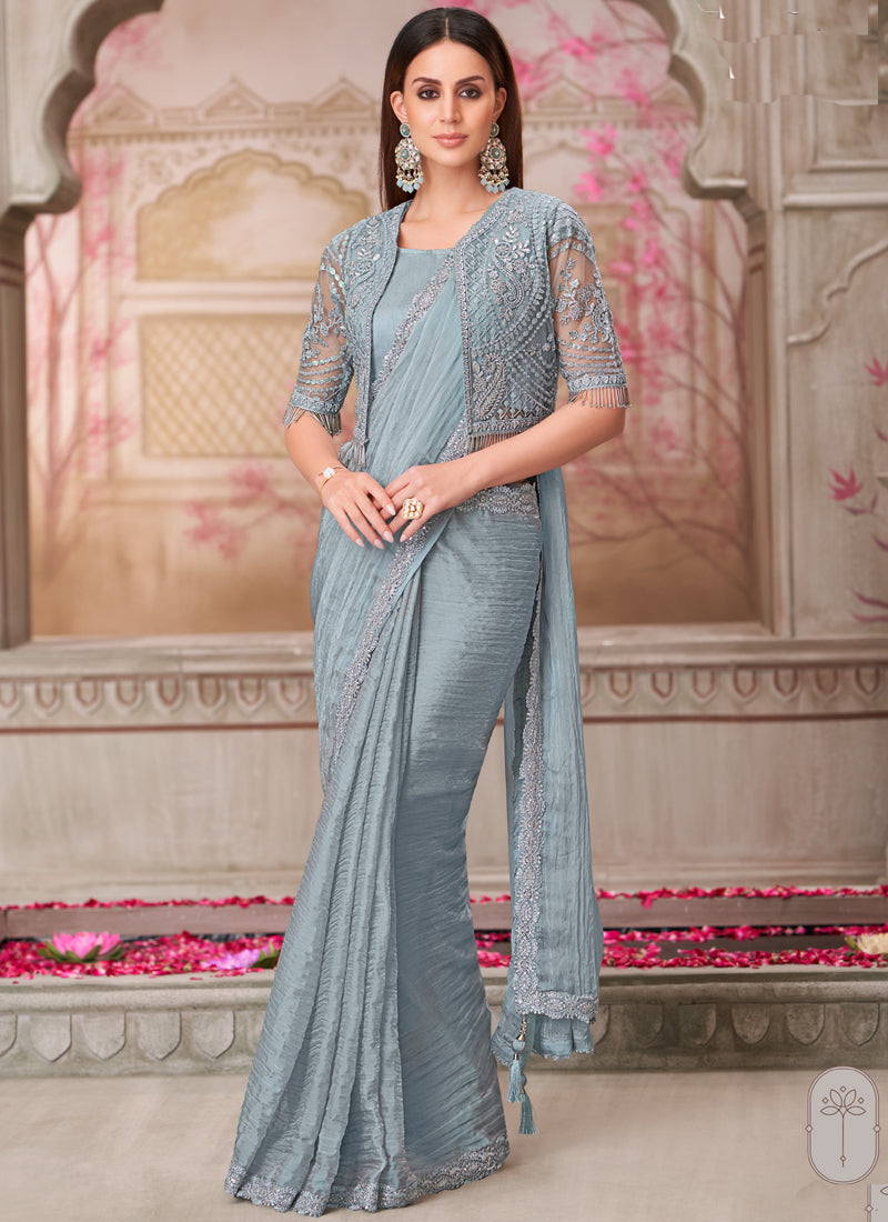 Vegaa Fashion Silver Grey Embroidered Traditional Wedding Saree - Distacart