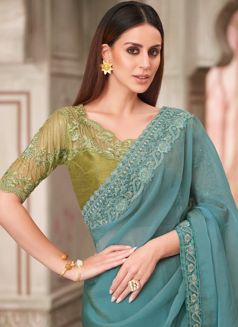 Vegaa Fashion Teal Green Embroidered Traditional Wedding Saree - Distacart
