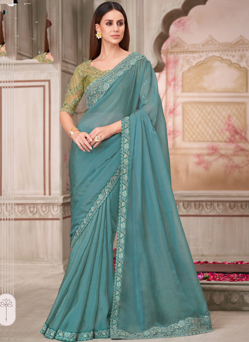 Vegaa Fashion Teal Green Embroidered Traditional Wedding Saree - Distacart