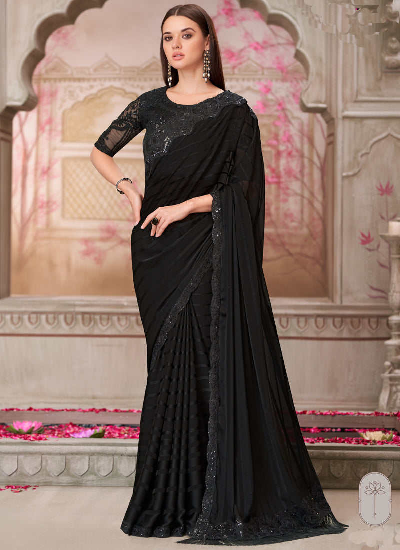 Vegaa Fashion Black Sequence Embroidered Traditional Wedding Saree - Distacart