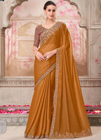 Vegaa Fashion Golden Red Embroidered Traditional Wedding Saree - Distacart