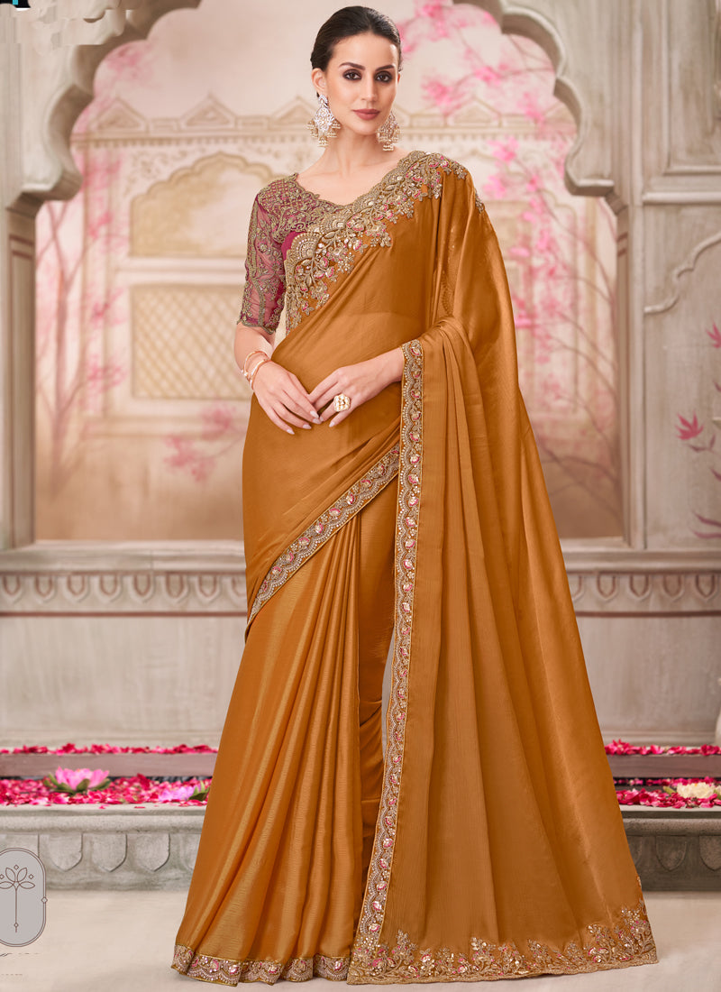 Vegaa Fashion Golden Red Embroidered Traditional Wedding Saree - Distacart