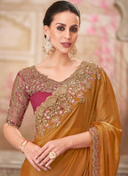 Vegaa Fashion Golden Red Embroidered Traditional Wedding Saree - Distacart