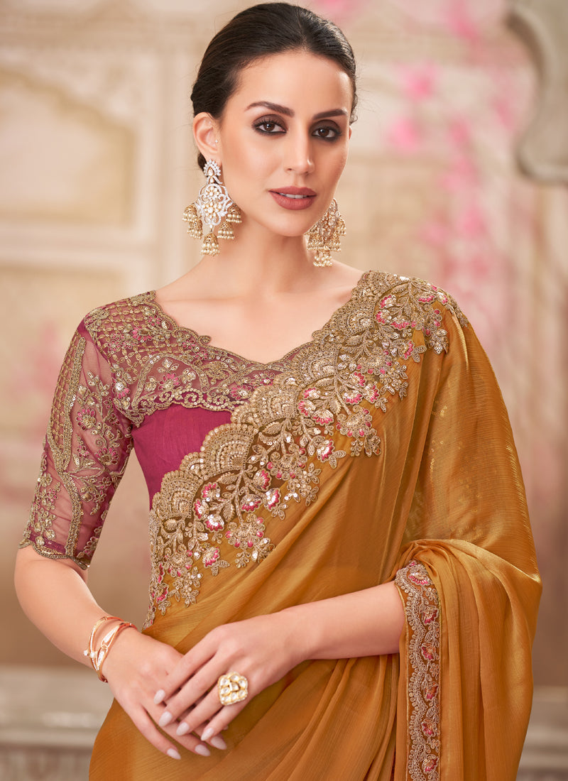 Vegaa Fashion Golden Red Embroidered Traditional Wedding Saree - Distacart