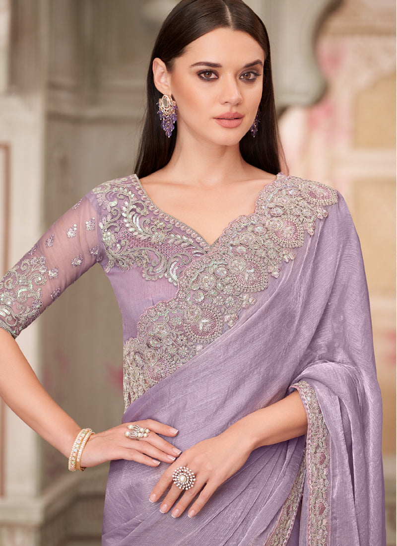 Vegaa Fashion Lavender Embroidered Traditional Wedding Saree - Distacart