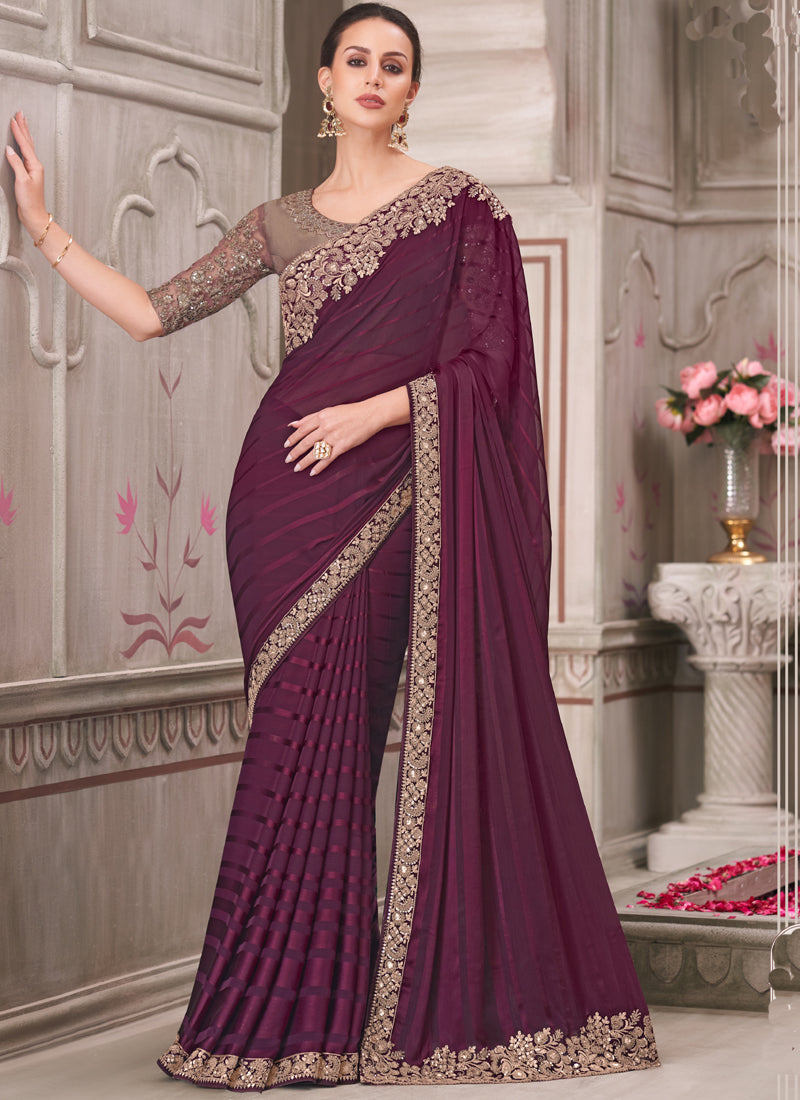 Vegaa Fashion Wine Embroidered Traditional Wedding Saree - Distacart