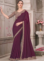 Vegaa Fashion Wine Embroidered Traditional Wedding Saree - Distacart