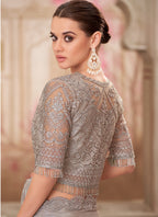 Vegaa Fashion Grey Embroidered Traditional Wedding Saree - Distacart