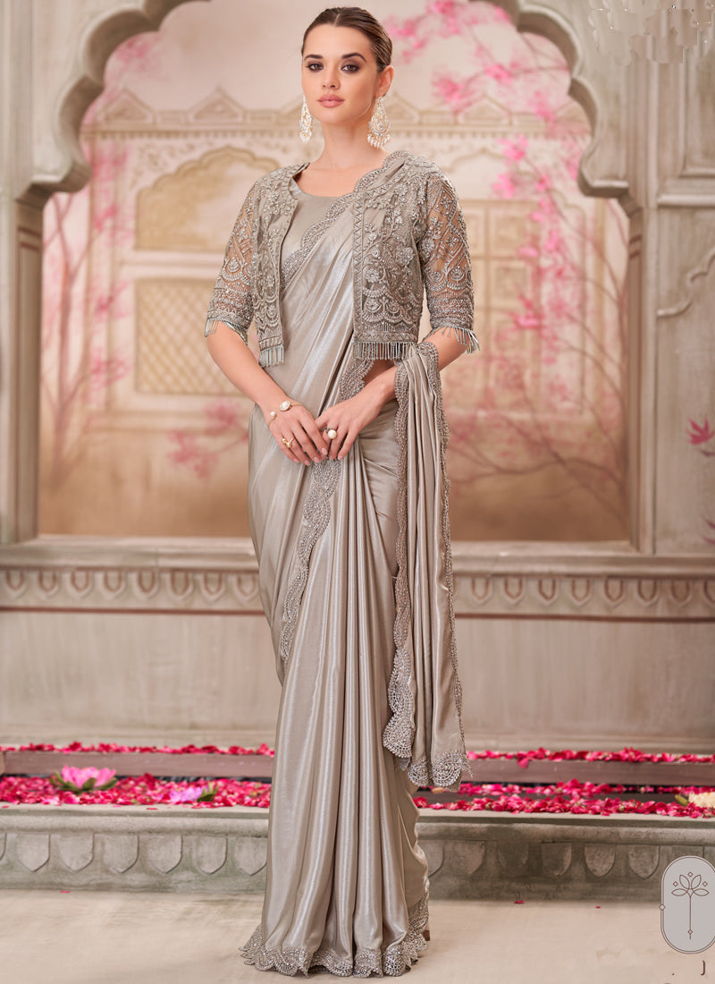 Vegaa Fashion Grey Embroidered Traditional Wedding Saree - Distacart
