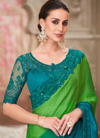 Vegaa Fashion Green And Blue Embroidered Traditional Wedding Saree - Distacart