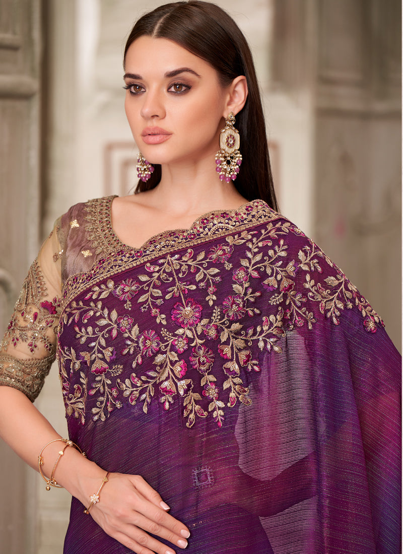 Vegaa Fashion Purple Sequin Embroidered Traditional Wedding Saree - Distacart