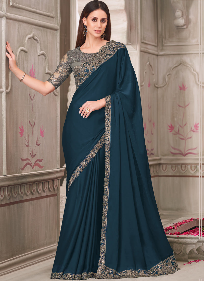 Vegaa Fashion Turquoise Embroidered Traditional Wedding Saree - Distacart