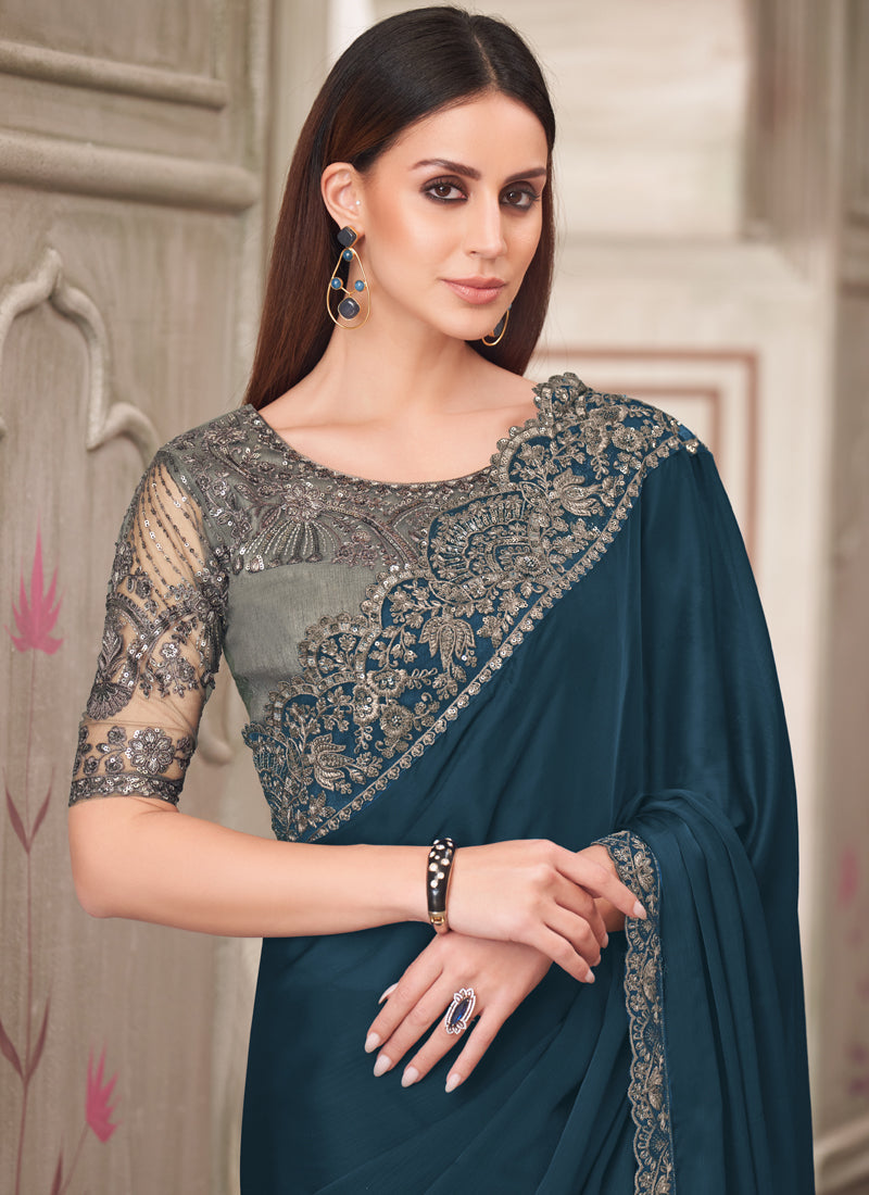 Vegaa Fashion Turquoise Embroidered Traditional Wedding Saree - Distacart