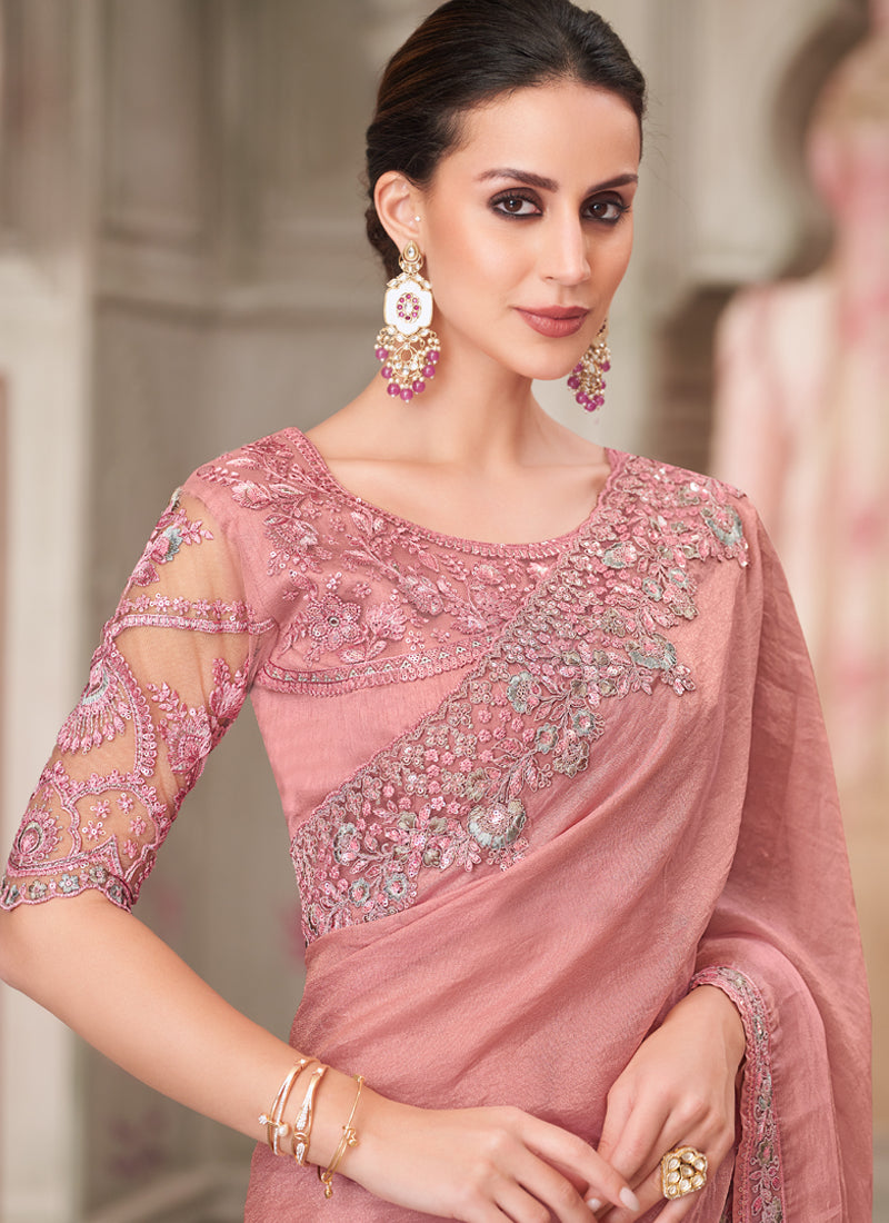 Vegaa Fashion Blush Pink Embroidered Traditional Wedding Saree - Distacart