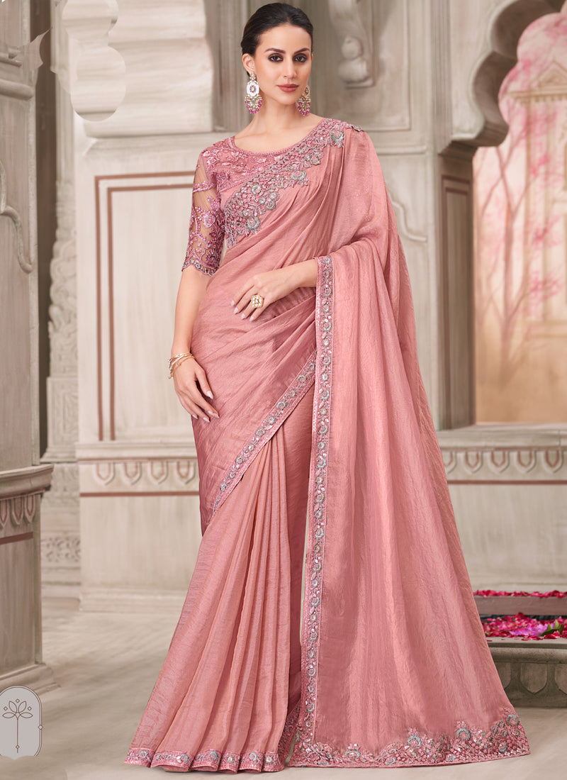 Vegaa Fashion Blush Pink Embroidered Traditional Wedding Saree - Distacart