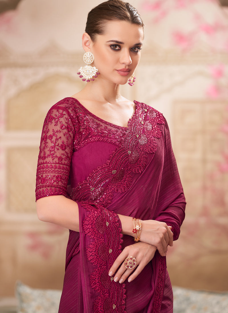 Vegaa Fashion Magenta Pink Embroidered Traditional Wedding Saree - Distacart