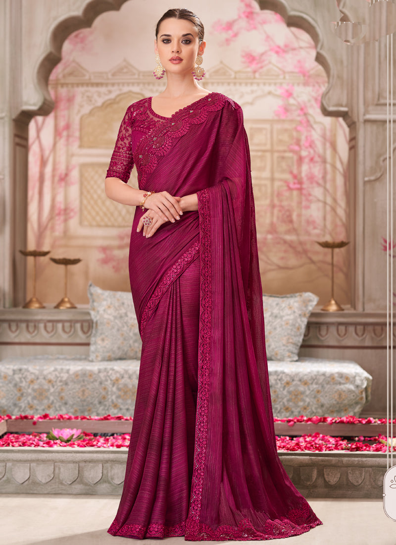 Vegaa Fashion Magenta Pink Embroidered Traditional Wedding Saree - Distacart