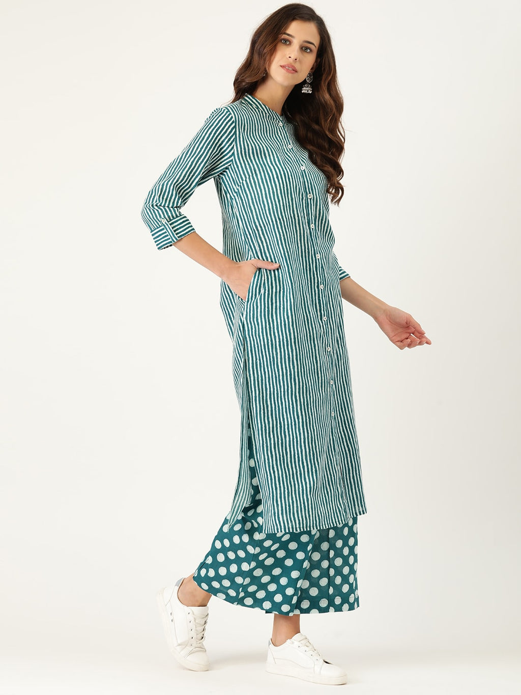 Sangria Women Teal Blue Striped Pure Cotton Kurta with Palazzos