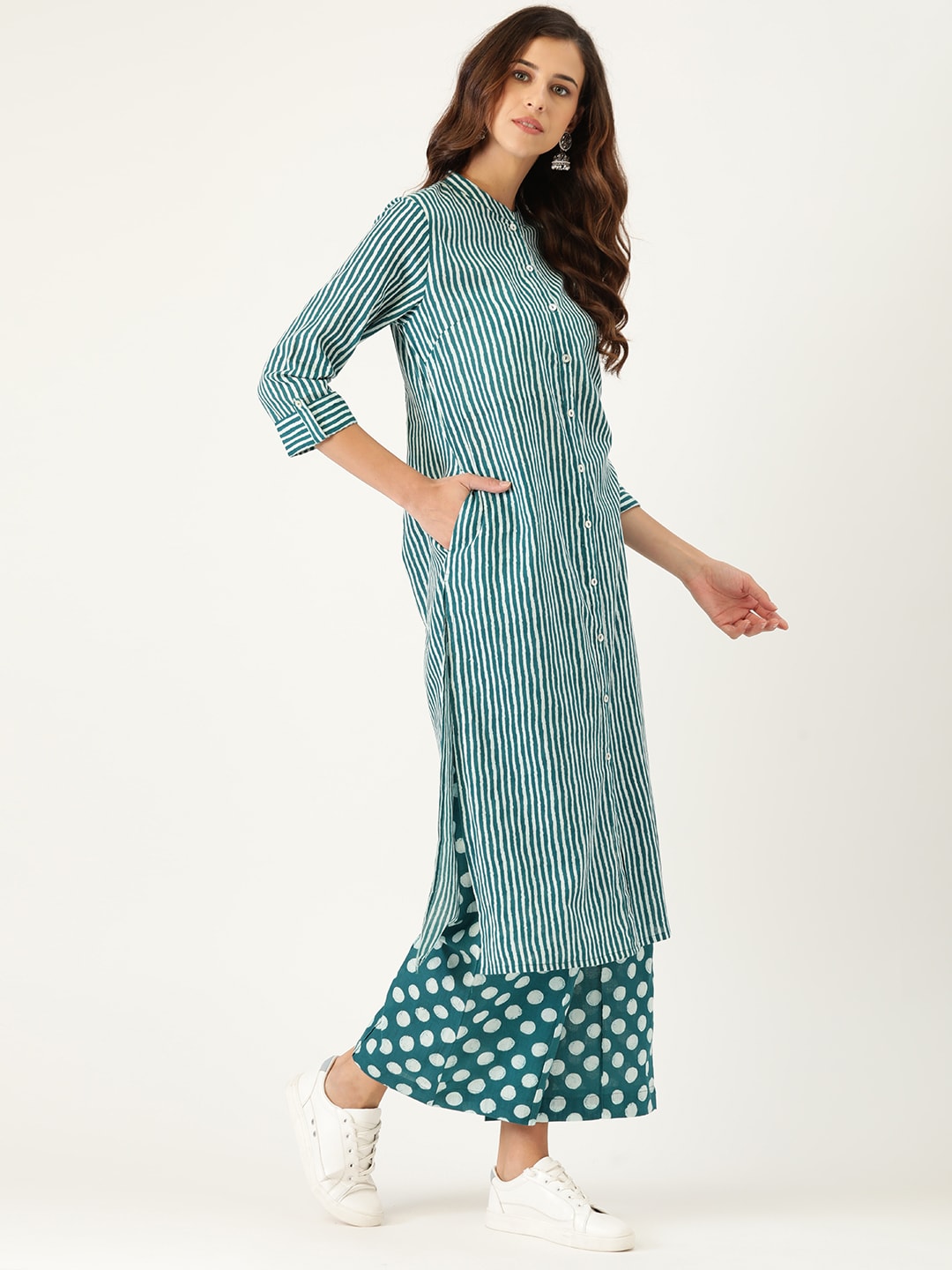 Sangria Women Teal Blue Striped Pure Cotton Kurta with Palazzos