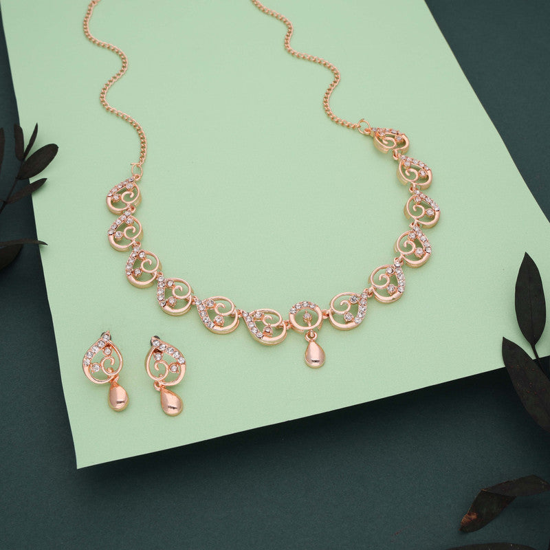 Tehzeeb Creations Brass Rose Gold-Polished White Colour Necklace With Earrings
