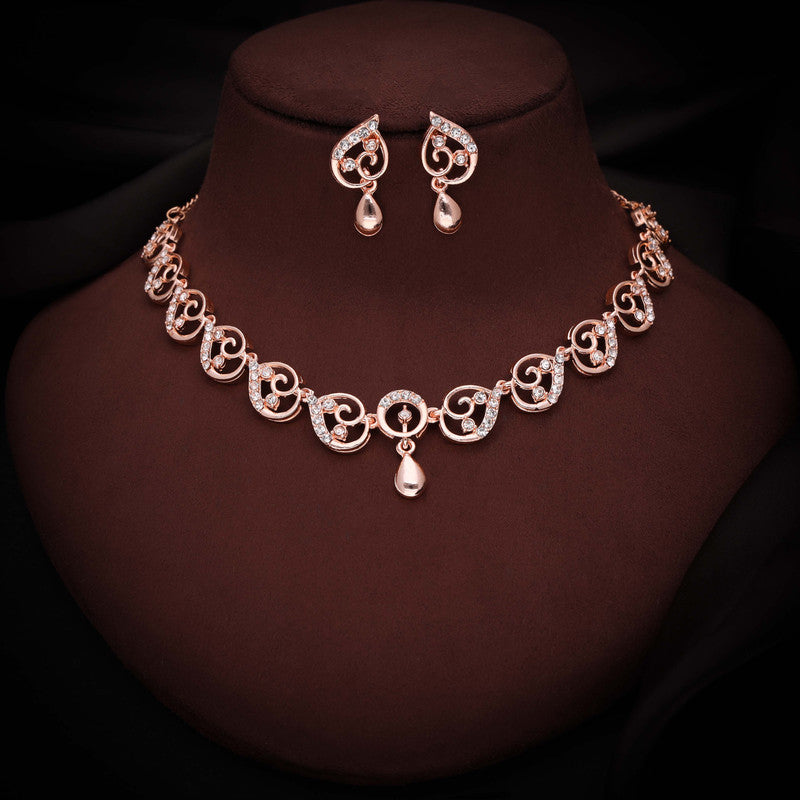 Tehzeeb Creations Brass Rose Gold-Polished White Colour Necklace With Earrings