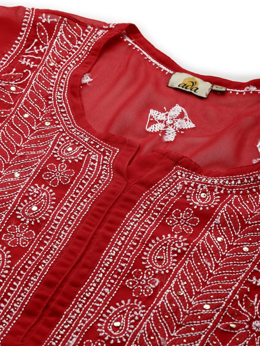 ADA Women Red & White Hand Embroidered Chikankari Sustainable Handloom Kurta With Matching Slip