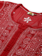 ADA Women Red & White Hand Embroidered Chikankari Sustainable Handloom Kurta With Matching Slip