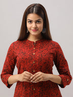 HERE&NOW Maroon Mandarin Collar Floral Straight A-Line Kurta