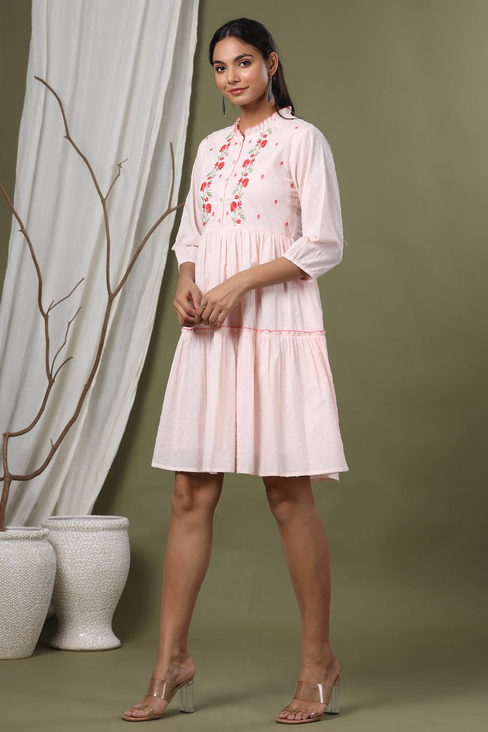 Juniper Peach Swiss Dot Festive Embroidered Tiered Dress For Women - Distacart