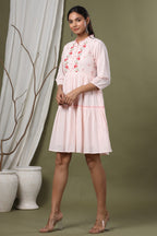 Juniper Peach Swiss Dot Festive Embroidered Tiered Dress For Women - Distacart
