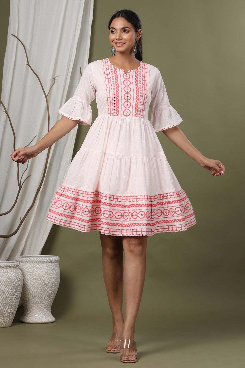 Juniper Peach Cotton Dobby Festive Embroidered Tiered Dress For Women - Distacart