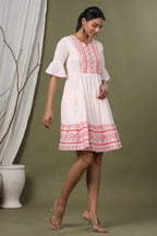 Juniper Peach Cotton Dobby Festive Embroidered Tiered Dress For Women - Distacart
