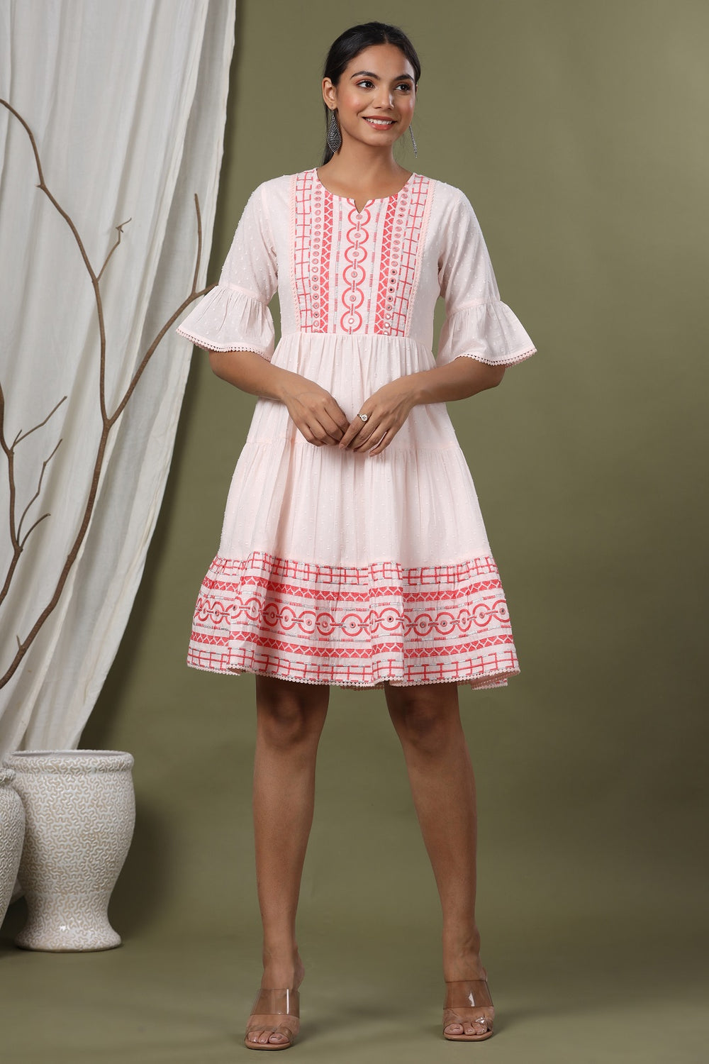 Juniper Peach Cotton Dobby Festive Embroidered Tiered Dress For Women - Distacart