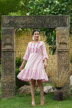 Juniper Pink Cotton Dobby Festive Embroidered Tiered Dress For Women - Distacart