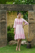 Juniper Pink Cotton Dobby Festive Embroidered Tiered Dress For Women - Distacart