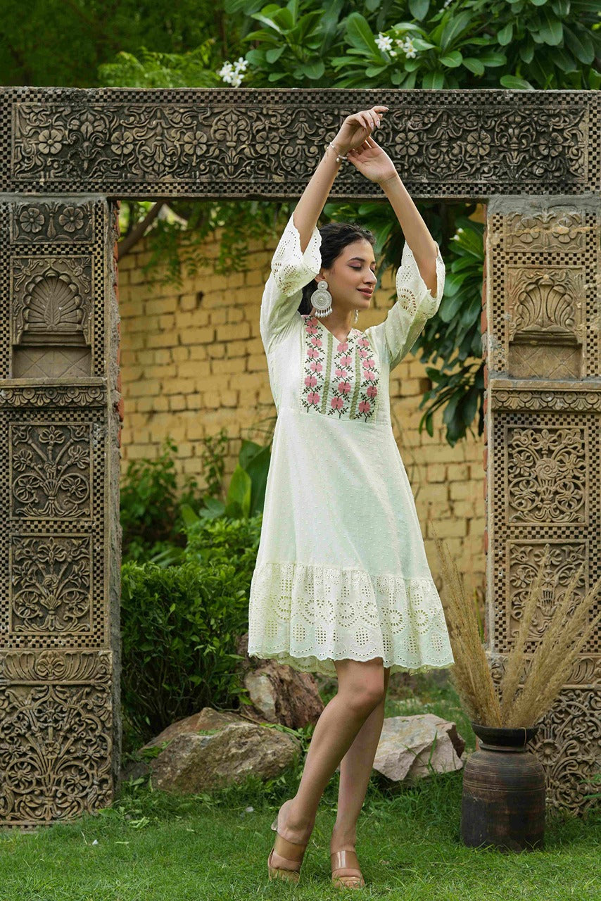 Juniper Pista Green Cotton Dobby Festive Embroidered Tiered Dress For Women - Distacart