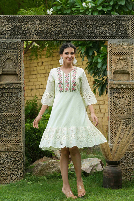 Juniper Pista Green Cotton Dobby Festive Embroidered Tiered Dress For Women