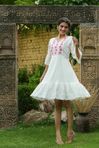 Juniper White Cotton Dobby Festive Embroidered Tiered Dress For Women - Distacart
