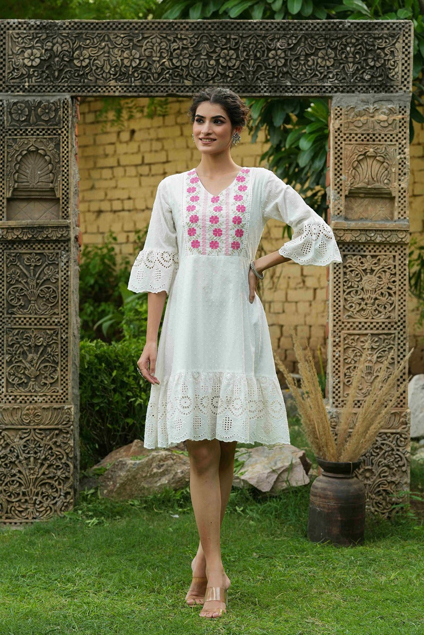 Juniper White Cotton Dobby Festive Embroidered Tiered Dress For Women - Distacart