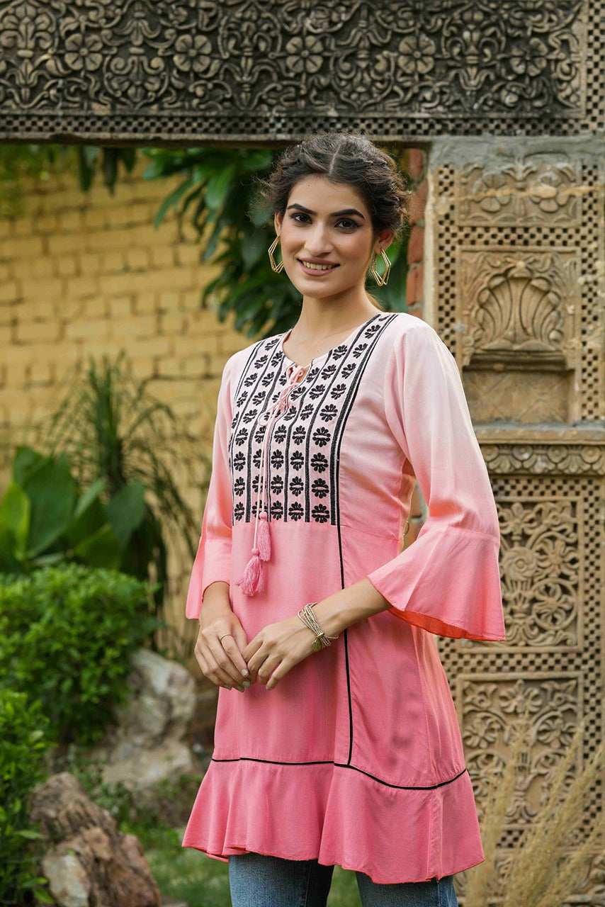 Juniper Peach Rayon Festive Embroidered Tiered Tunic For Women - Distacart