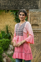Juniper Peach Rayon Festive Embroidered Tiered Tunic For Women - Distacart