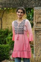 Juniper Peach Rayon Festive Embroidered Tiered Tunic For Women - Distacart