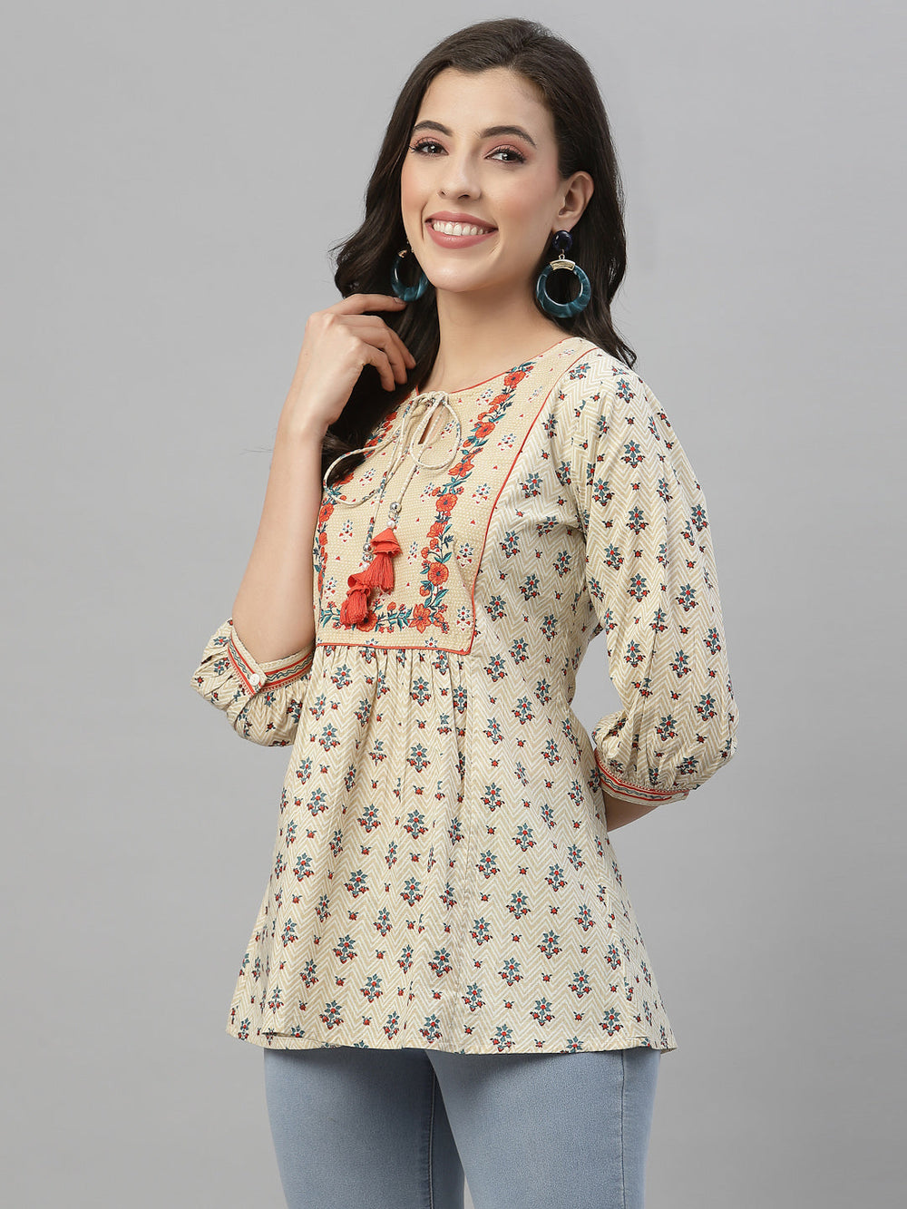Juniper Beige Cambric Casual Wear Printed A-Line Tunic - Distacart