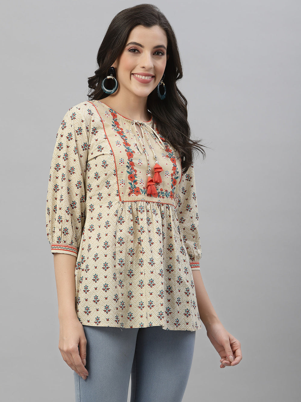 Juniper Beige Cambric Casual Wear Printed A-Line Tunic - Distacart